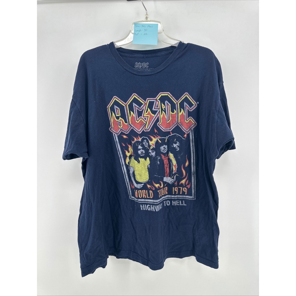 AC/DC Highway To Hell 1979 World Tour Graphic T-Shirt Mens XXL Navy Blue Cotton